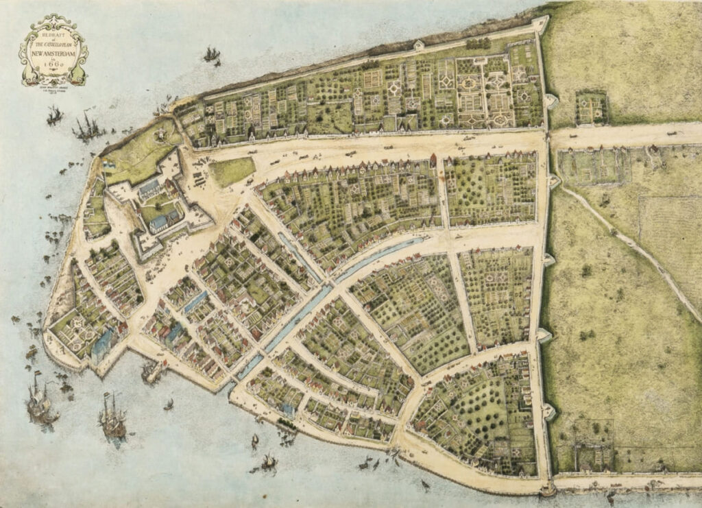 mapa del sur de manhattan new amsterdam en 1660